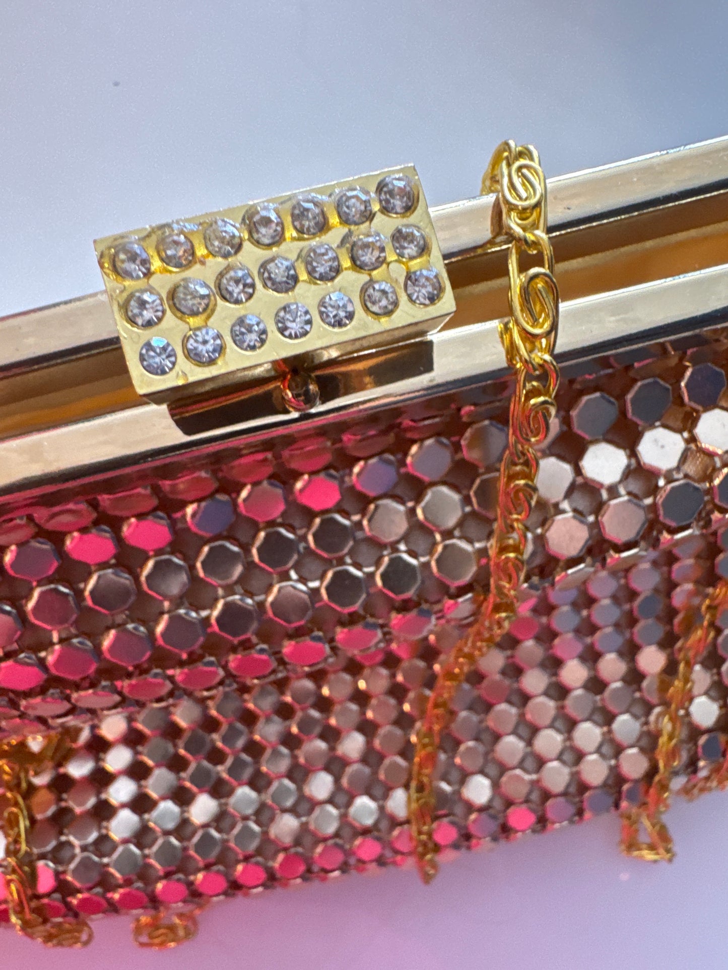 Retro gold metal clutch with Crossbody strap, optional and rhinestone clasp