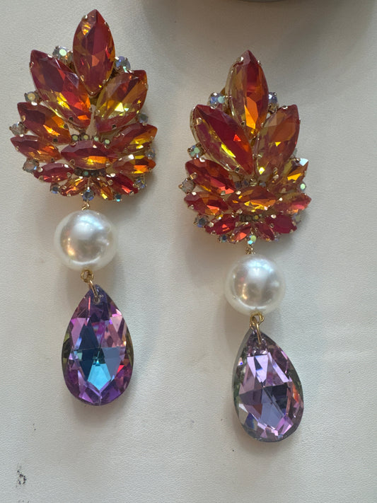 Jumbo rhinestone earrings from Paris with rhinestone top pearl and watermelon teardrop