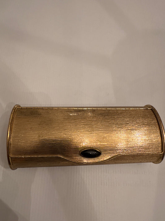1960s amazing hard top gold tone clutch with fantastic, long mirror and cabachon closure