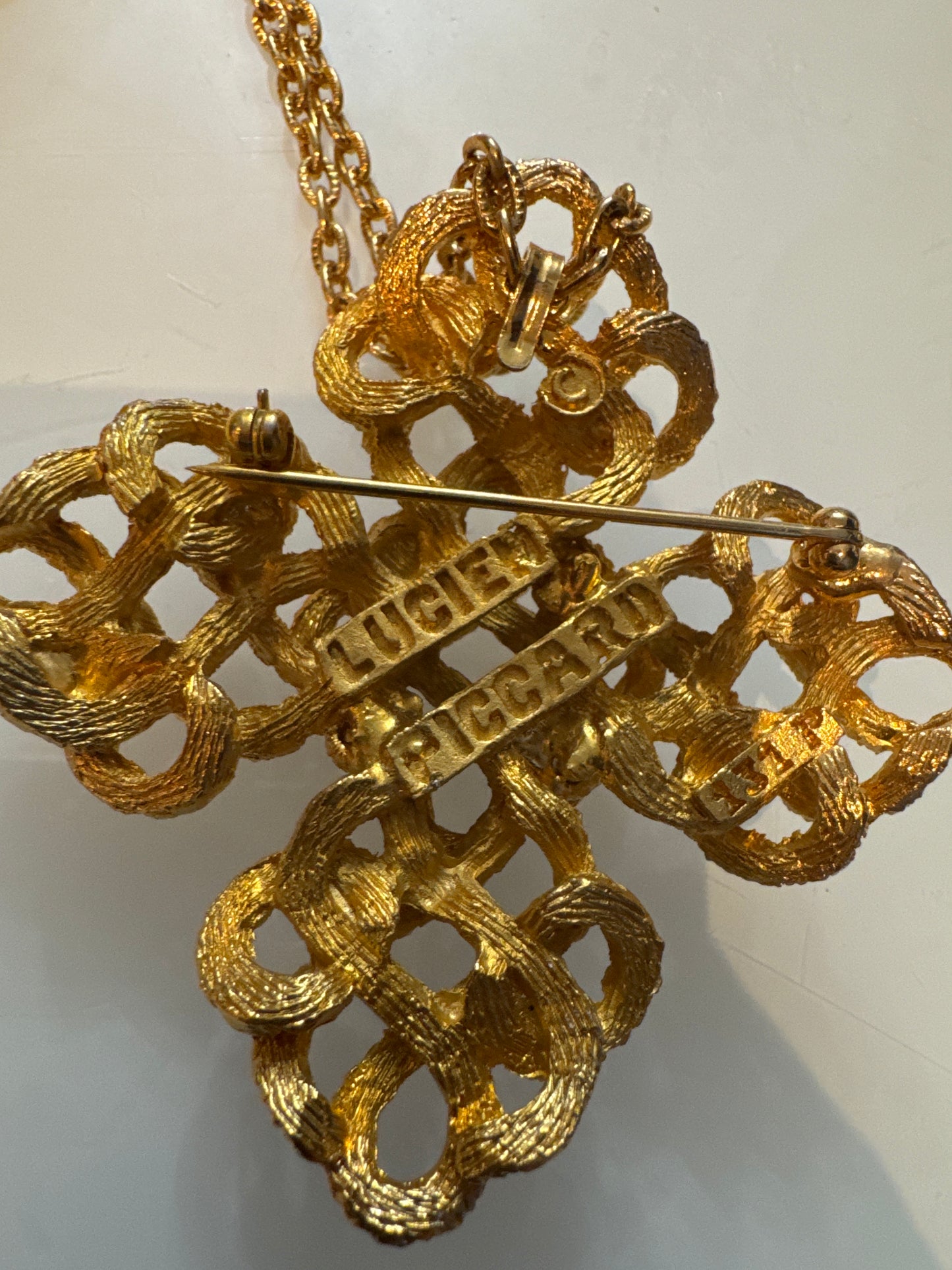 signed LUCIEN PICCARD brooch/pendant on a chain. Brutalist 1970s style.