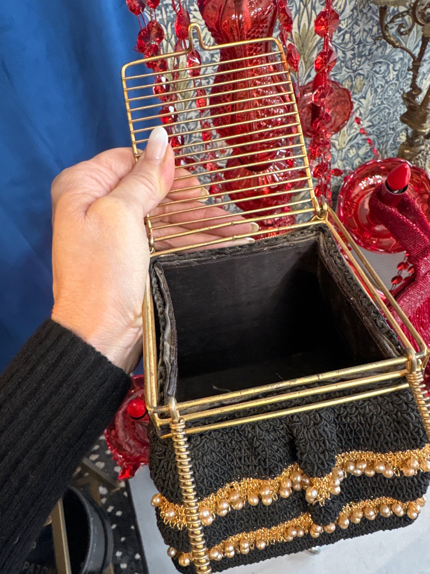 1940s crochet box bag in black with gold threading and pearls and a cage-like top