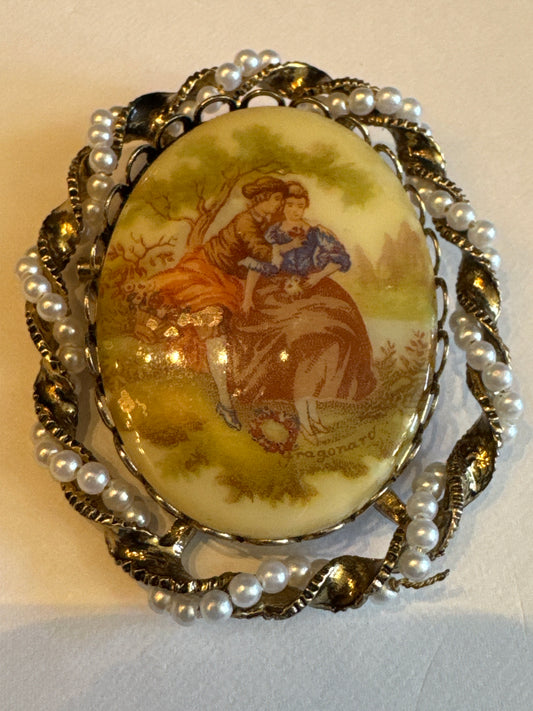 1950s courting couple brooch with pearls