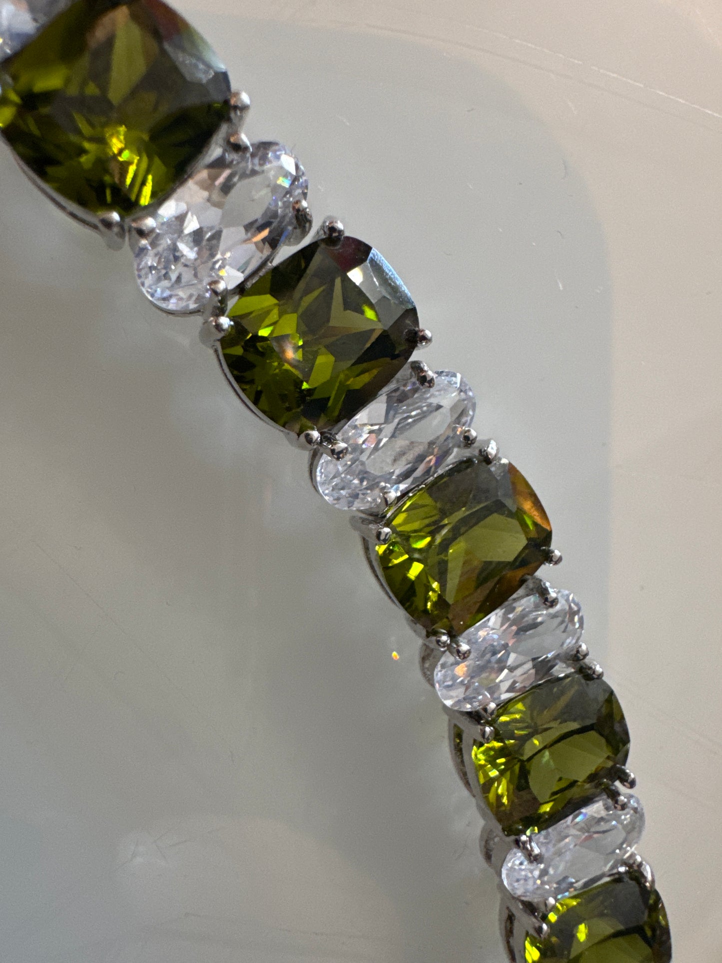 vintage 1970s Park Lane rhodium bracelet with rhinestones green and clear