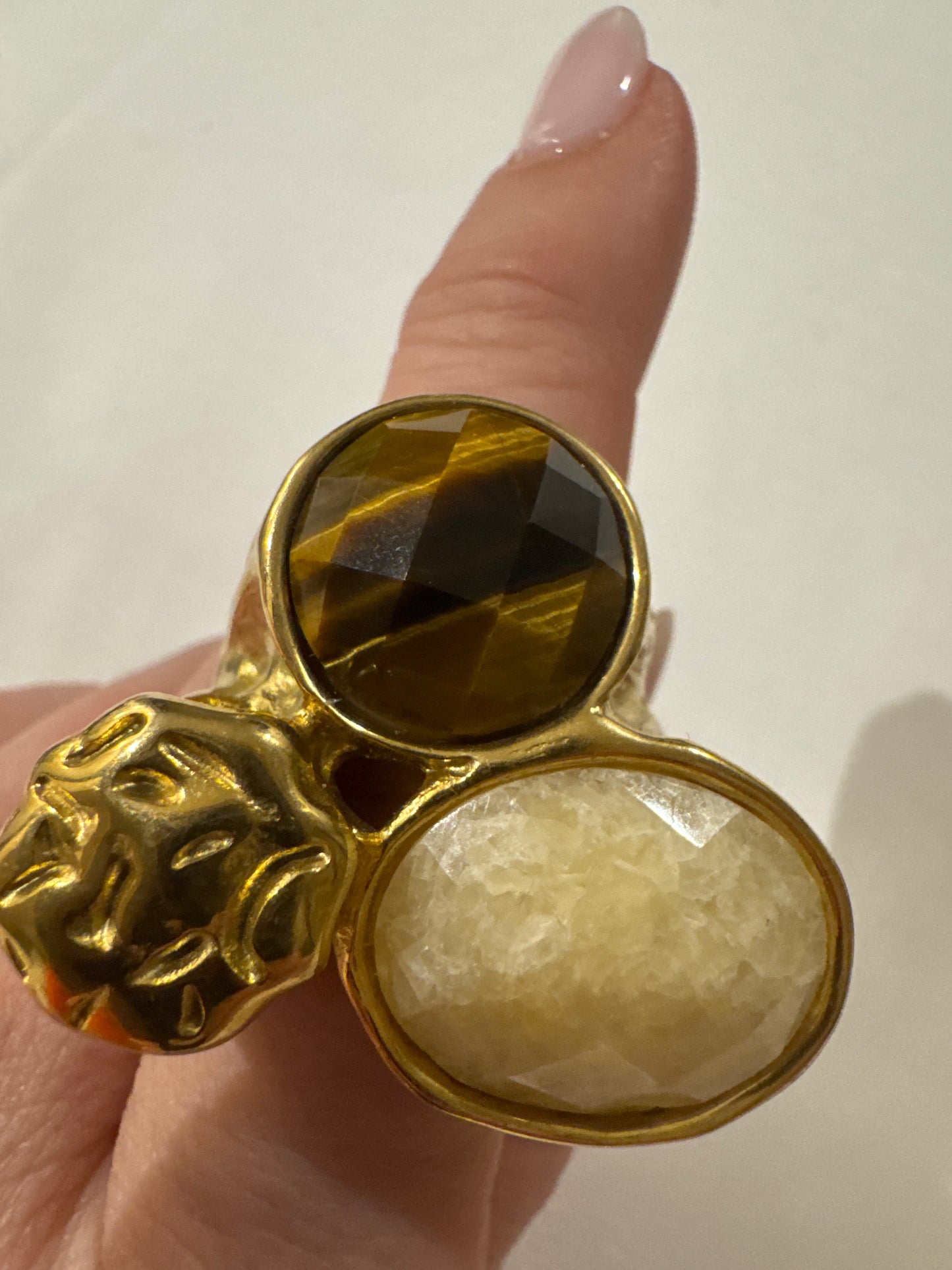 Fun vintage 1980s jumbo size cocktail ring with Amber Ivory stones. sourced in Paris.