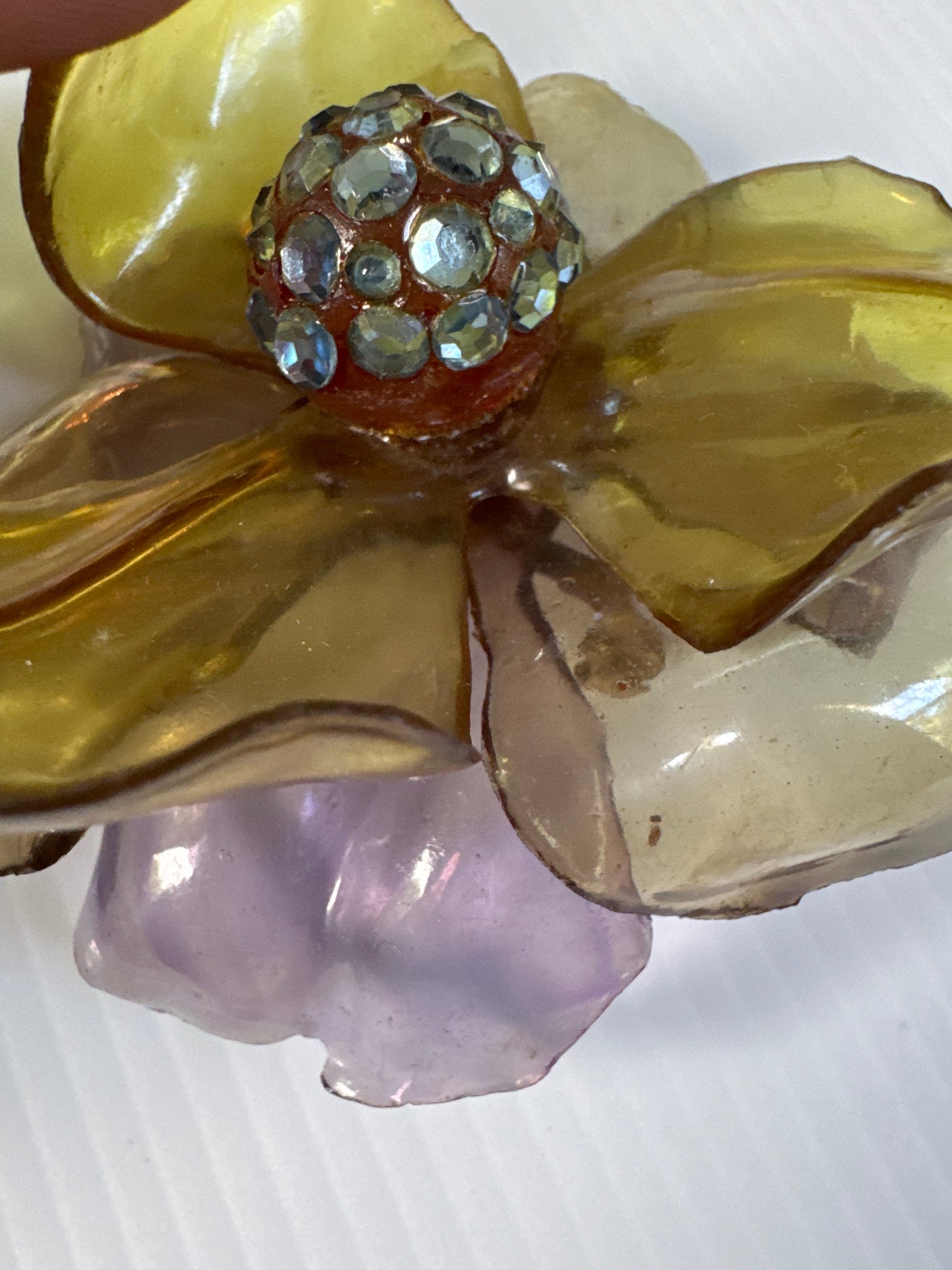 Beautiful jumbo lucite 3D flower brooch in lightly colored green and purple with aquamarine color colored center rhinestones