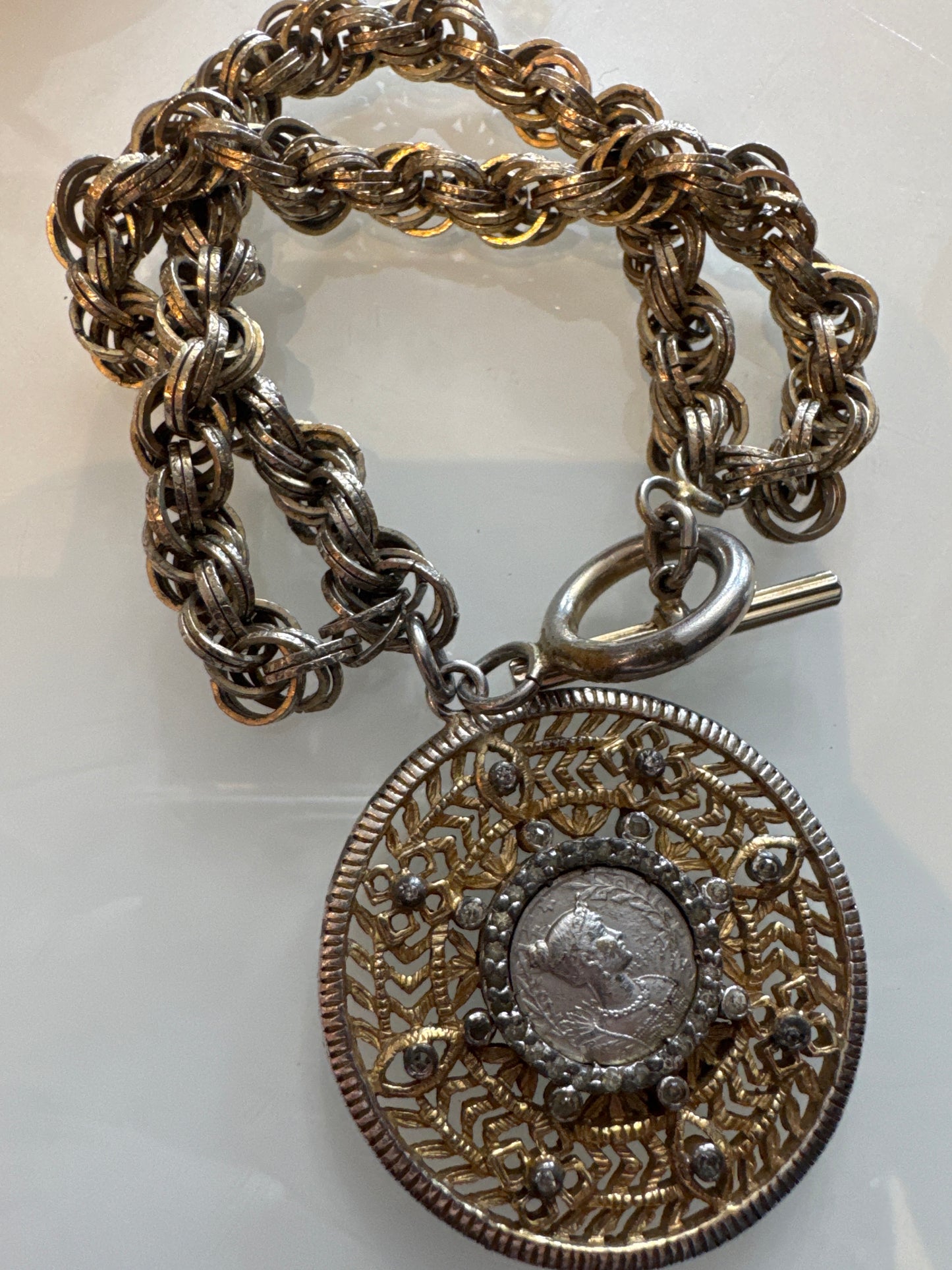 1960s jumbo medallion charm bracelet with double chain signed Nettie Rosenstein (1980s clasp)
