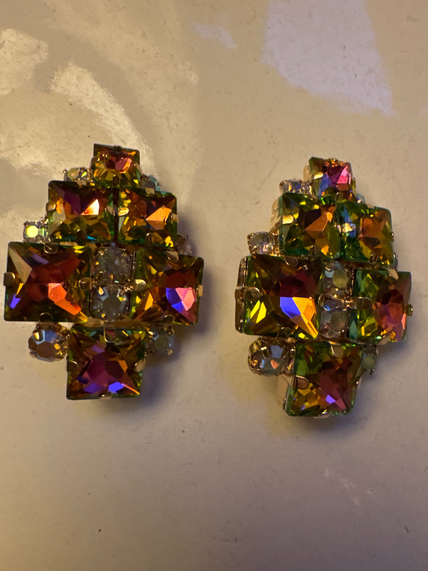 Vintage 1980s pink multicolored rhinestone earrings. Sourced in Paris.