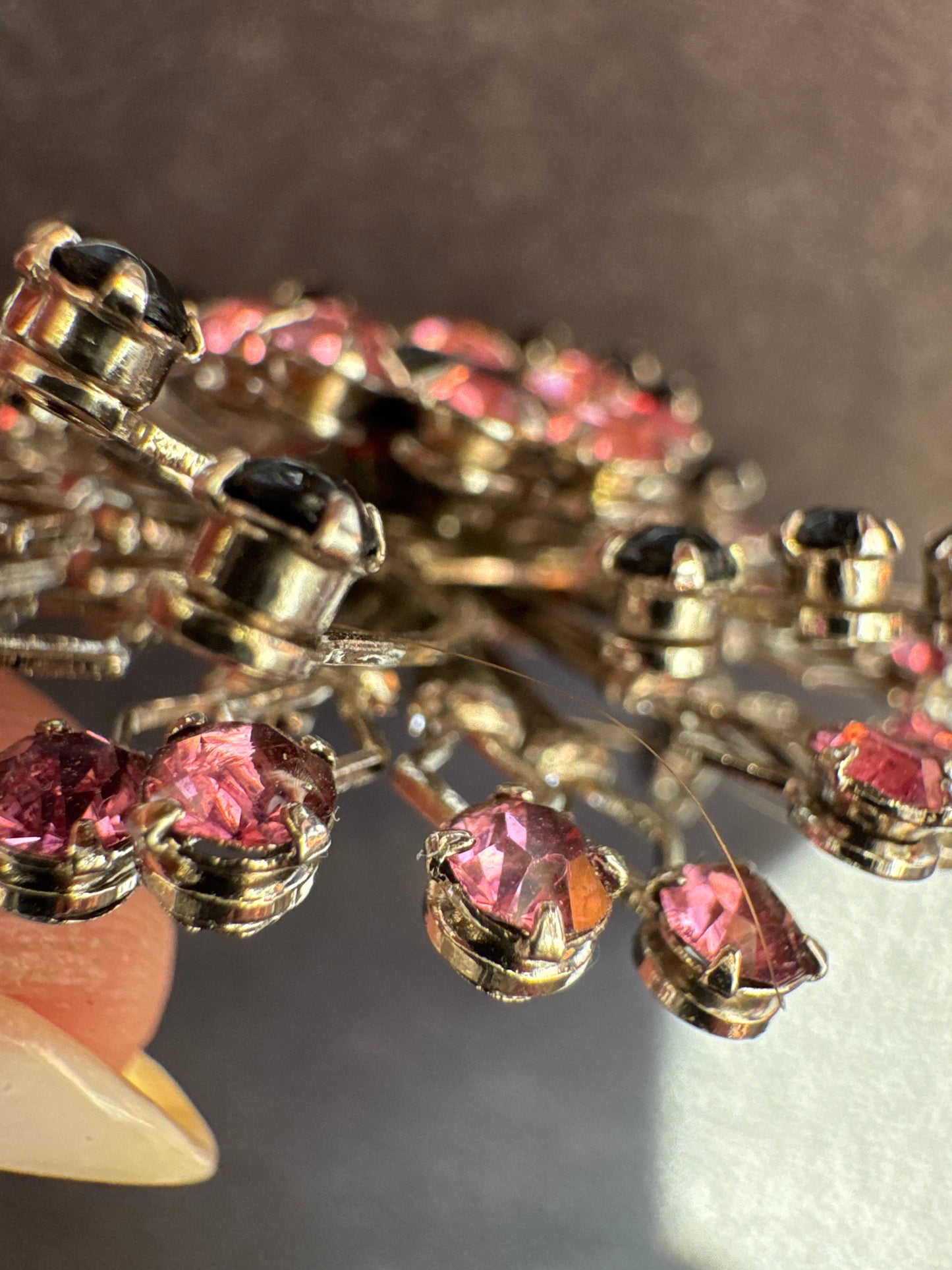 Beautiful vintage pink and black rhinestone on Silvertone 3D brooch. Very rare.