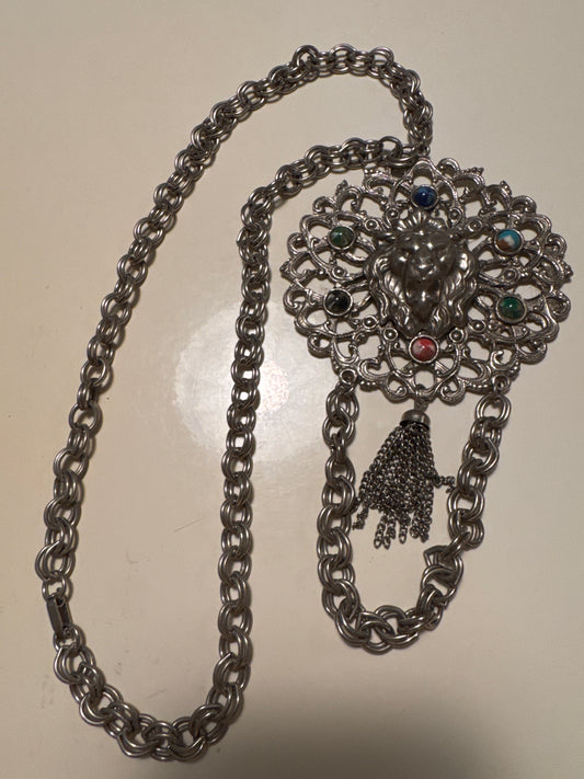 1960s silver plate, jumbo lion necklace with cabochon stones. Lion pendant measures 5 inches. Chain measures 22 inches