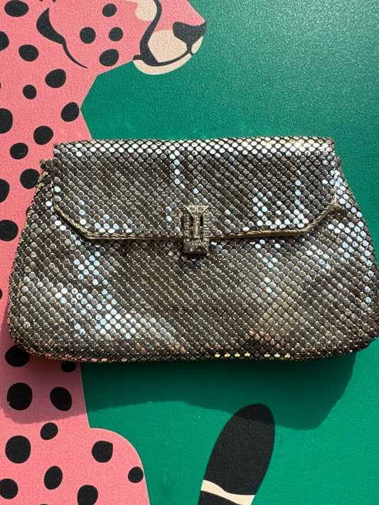 Beautiful 1940s Whiting and Davis  evening bag in silver mesh metal with rhinestone clasp
