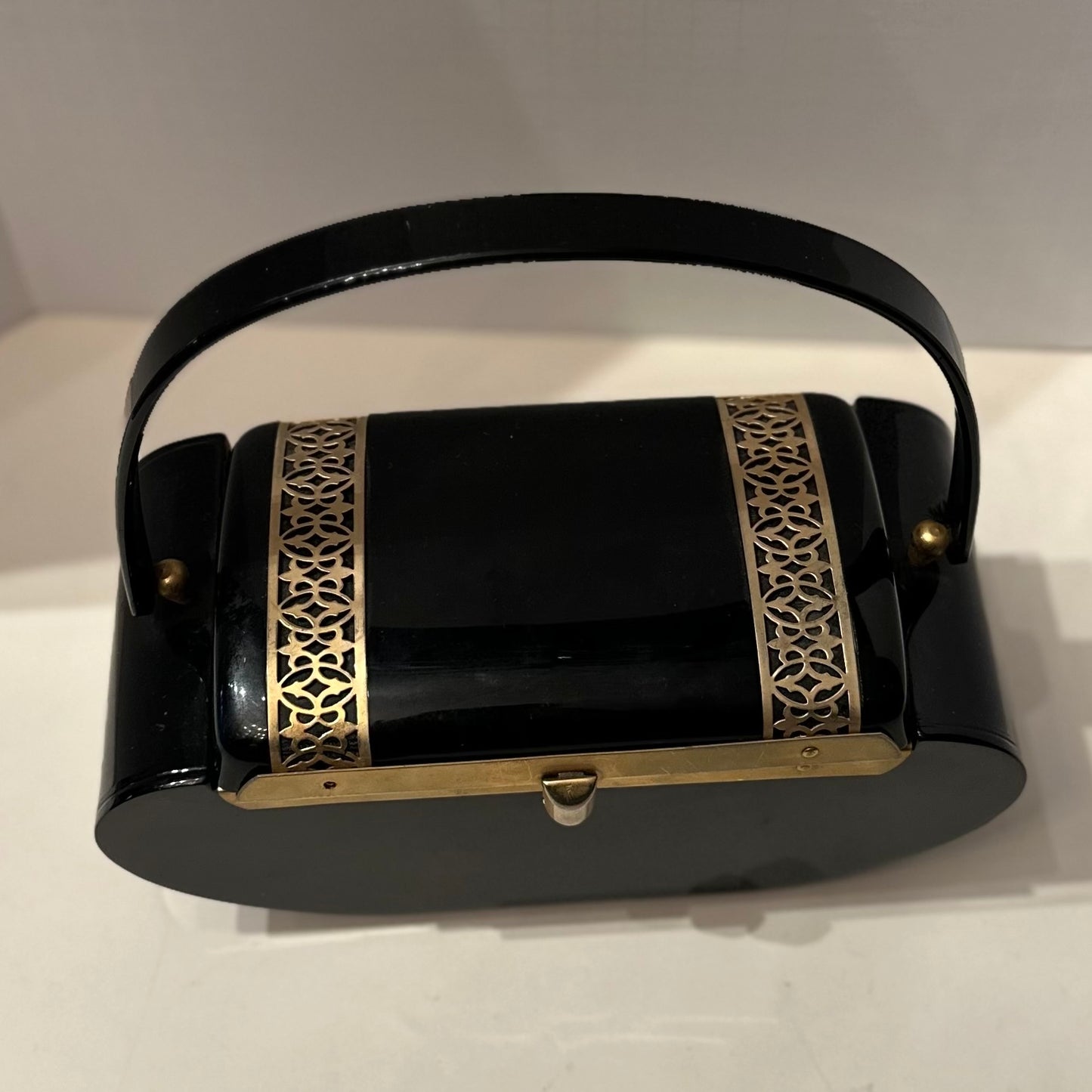 Stunning 1940s Black Box Bag w/ Gold Tone Filigree