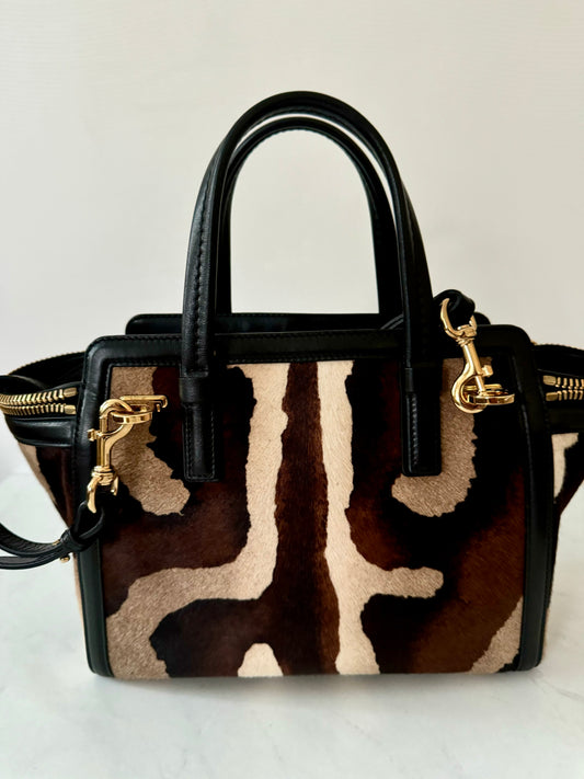 Pony hair and leather brown tone Ferragamo handbag with detachable shoulder strap