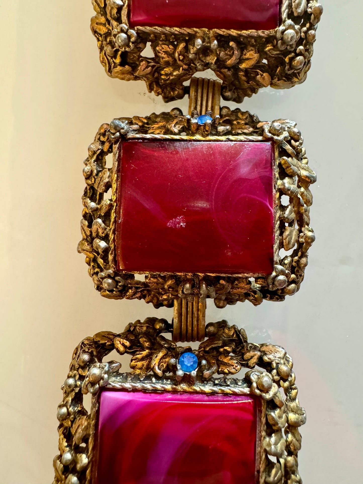 1950s gold tone jumbo bracelet with red stones and rhinestones. Oscar worthy!