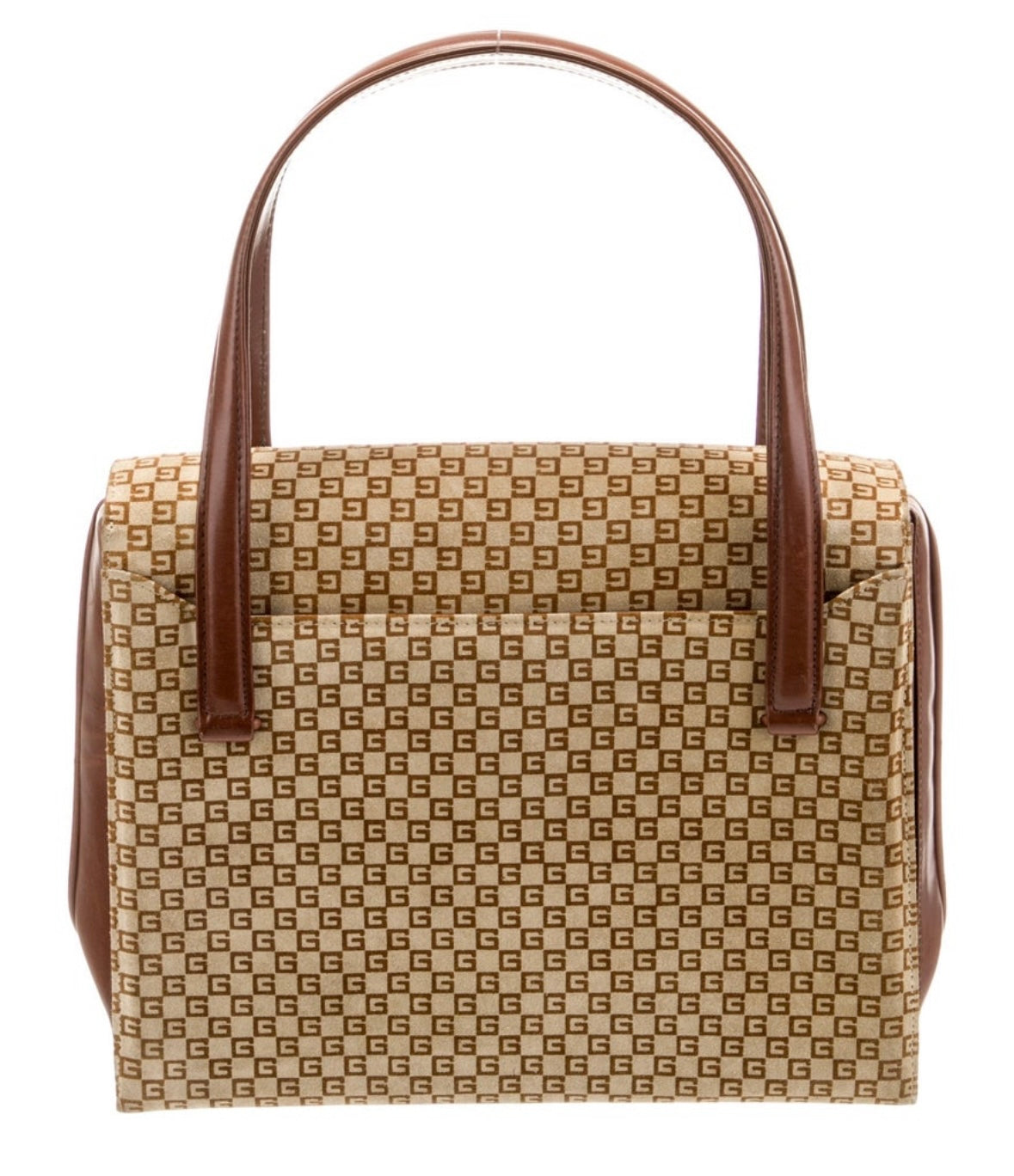 Gorgeous suede vintage Gucci top handle handbag with signature GG logo.
