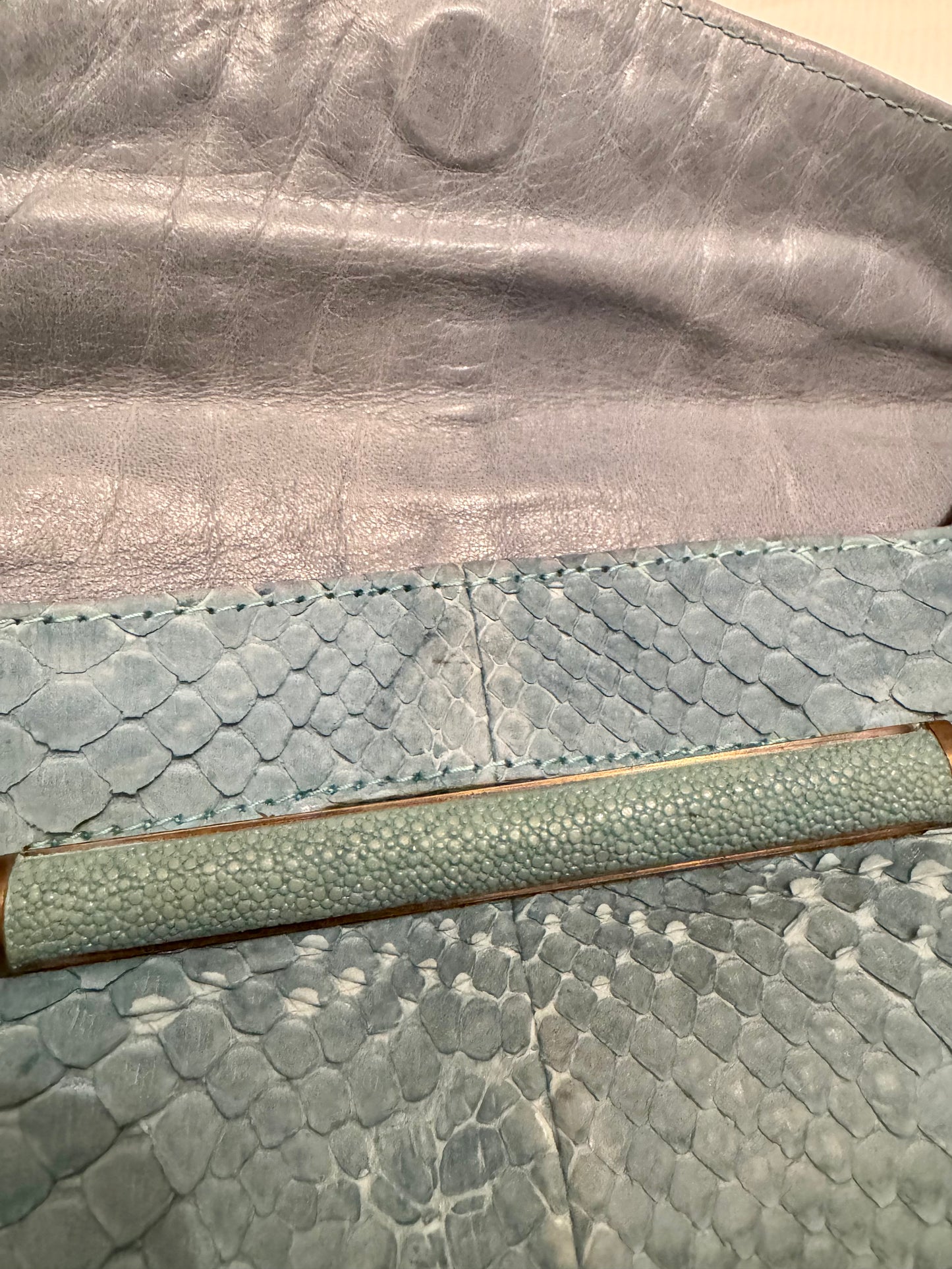 Beautiful light blue vintage, Ray Augusti snakeskin clutch bag with original Henri Bendel $495 price tag attached