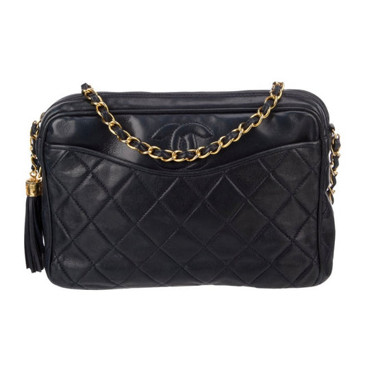 Navy Chanel Lambskin Camera Bag with shoulder strap and tassel by Karl Lagerfeld