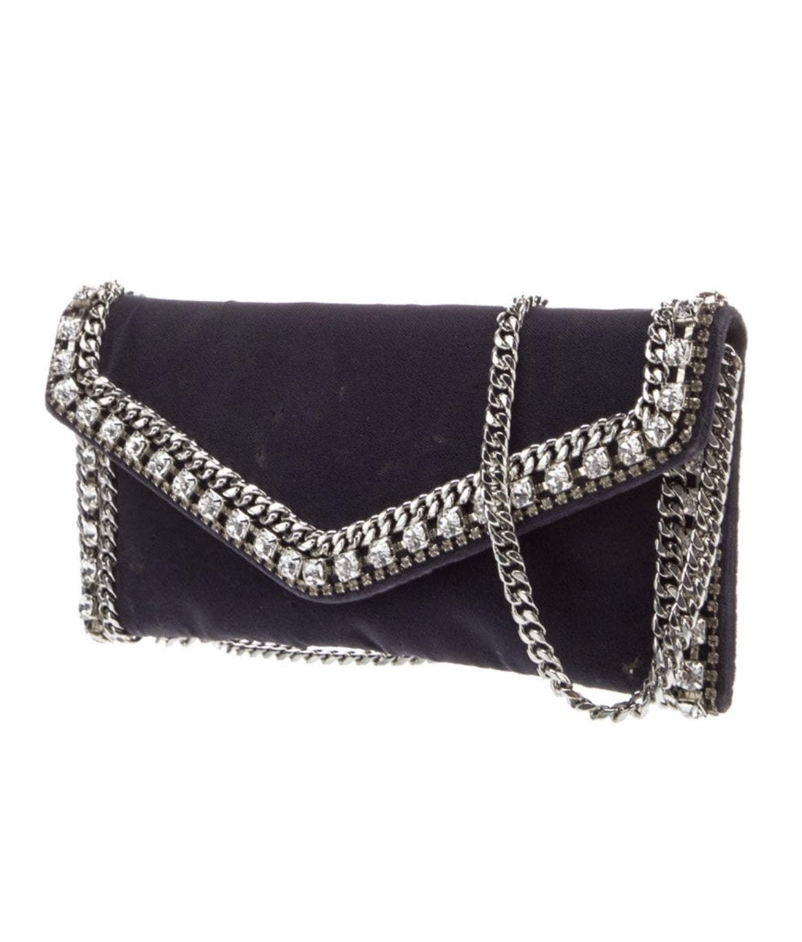 Judith Leiber Dark Blue Velvet clutch with crystal and chain embellishment. Silver tone hardware