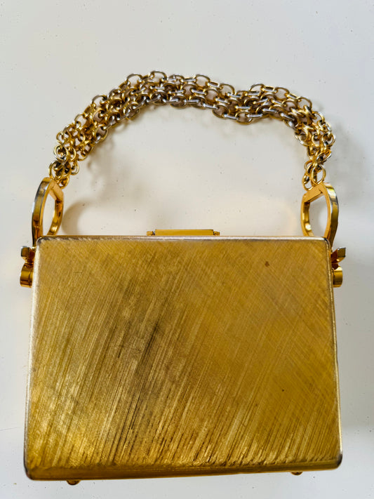 Beautiful 1960s hard top gold tone top handle bag with incredible chain handle