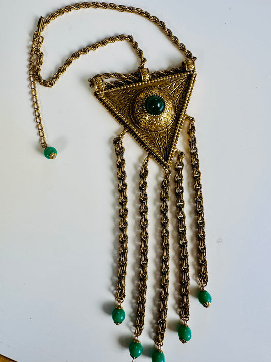 over the top jumbo 1960s gold tone necklace with giant triangular dangle pendant with green cabachon stones