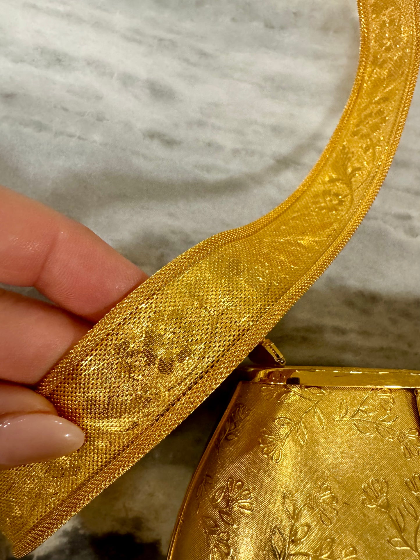 RARE Rosenfeld metal hard shell and brass strap with flower engraving found in pristine condition. Velvet lining. Made in Italy. Precious.