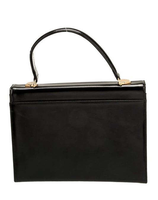 Stunning, 1970s vintage classic black Valentino top handle leather bag with gold hardware and two interior pockets
