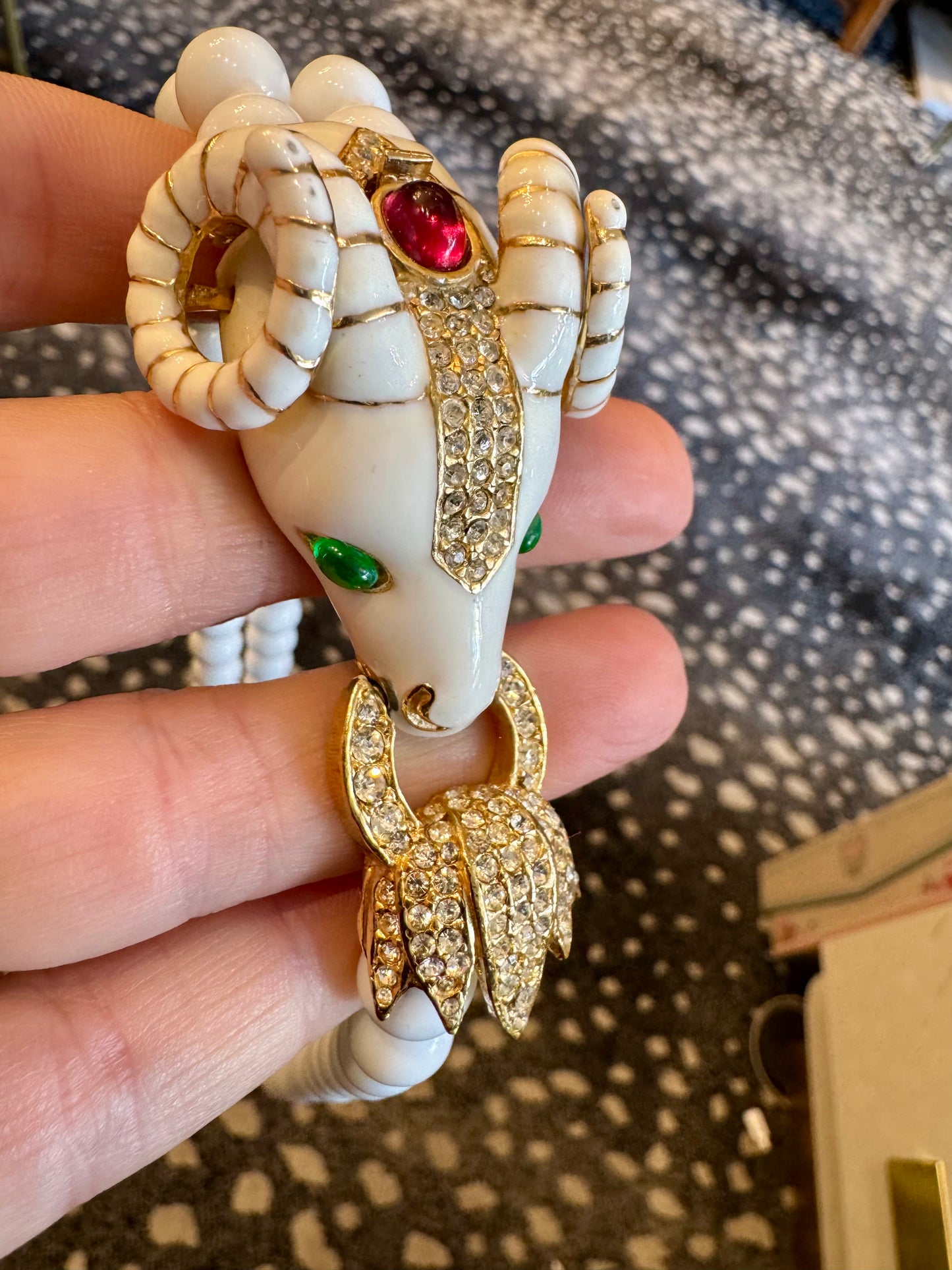 Gorgeous unique double strand white bead rhinestone ram head necklace by CINER 1950s. Oscar worthy!