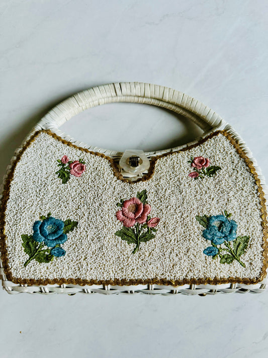 Charming 1950s white wicker beaded and petipoint flower top handle bag