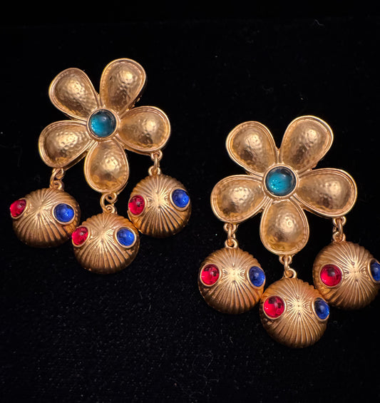 vintage 1960s signed Alice Cavaness gold plated pierced earrings with Jewel-tone red, blue, and green cabochons. France.