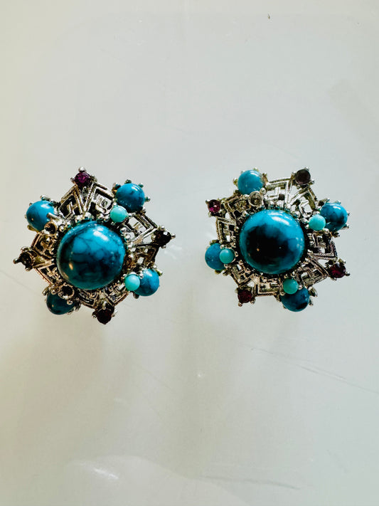 Silver tone with turquoise stones and rhinestone clip earrings