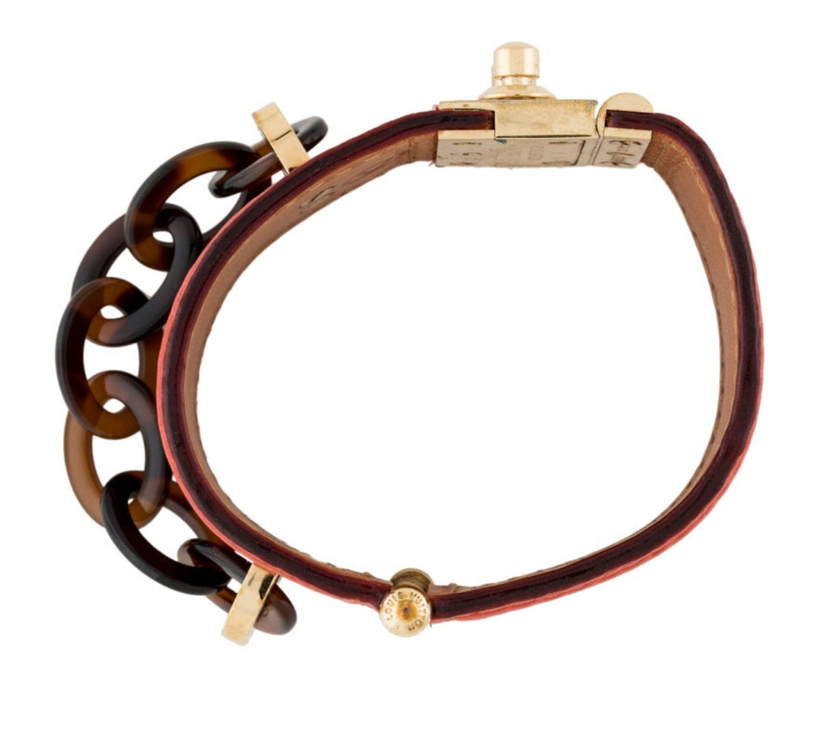 Vintage Louis Vuitton Lock Me red leather bracelet in gold plate and brass. Never worn