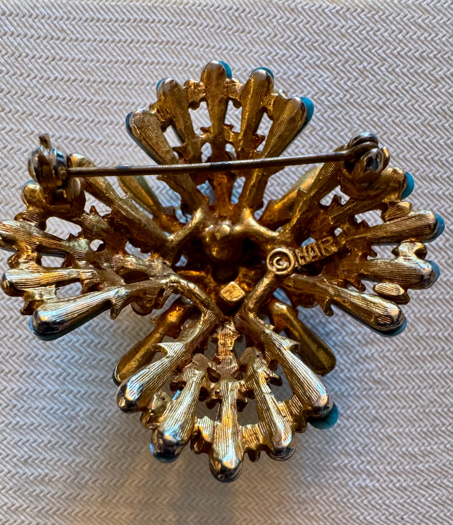 Stunning signed vintage HAR brooch with pearls, red rhinestones and turquoise. Oscar worthy!