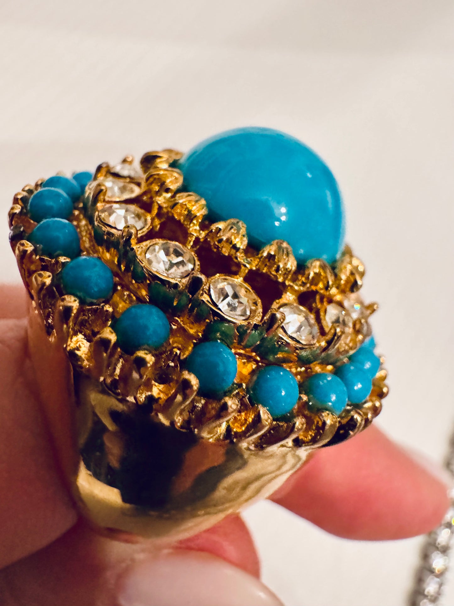 fabulous Kenneth Jay Lane Gold tone jumbo cocktail ring with turquoise and rhinestones