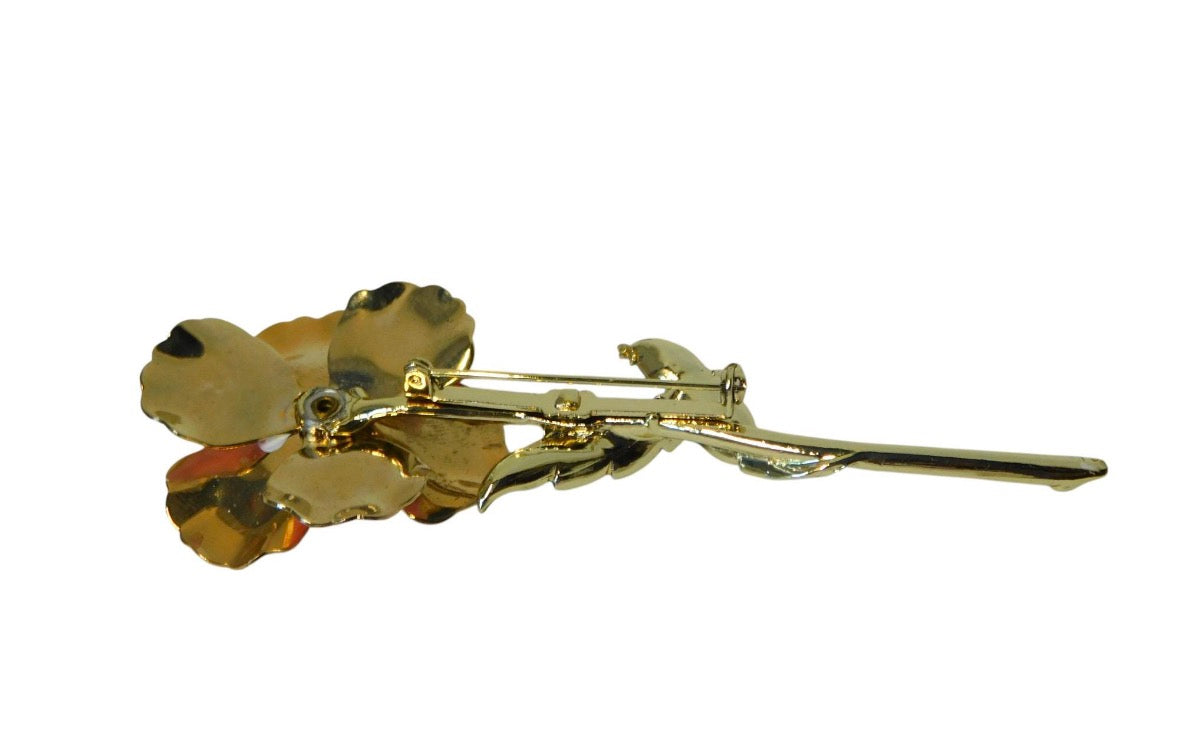 Beautiful 1960s Vintage Gold tone flower brooch with Pink Enamel Petals, Clear AB Rhinestones and Green Enameled Leaves