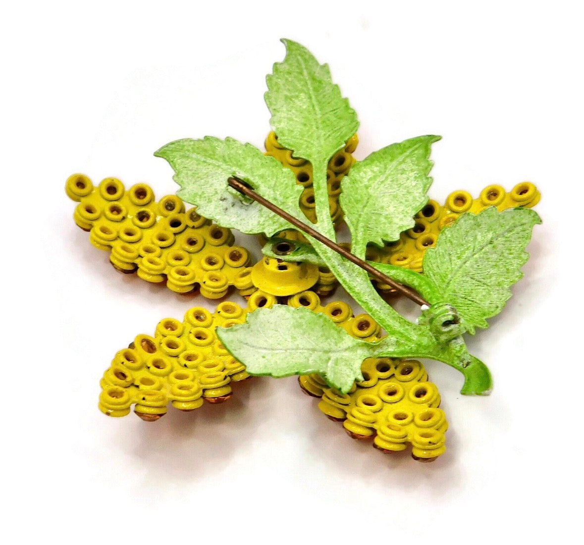 Fabulous 1960s Yellow and Green Metal Enameled Flower Brooch with Shades of Orange Rhinestones