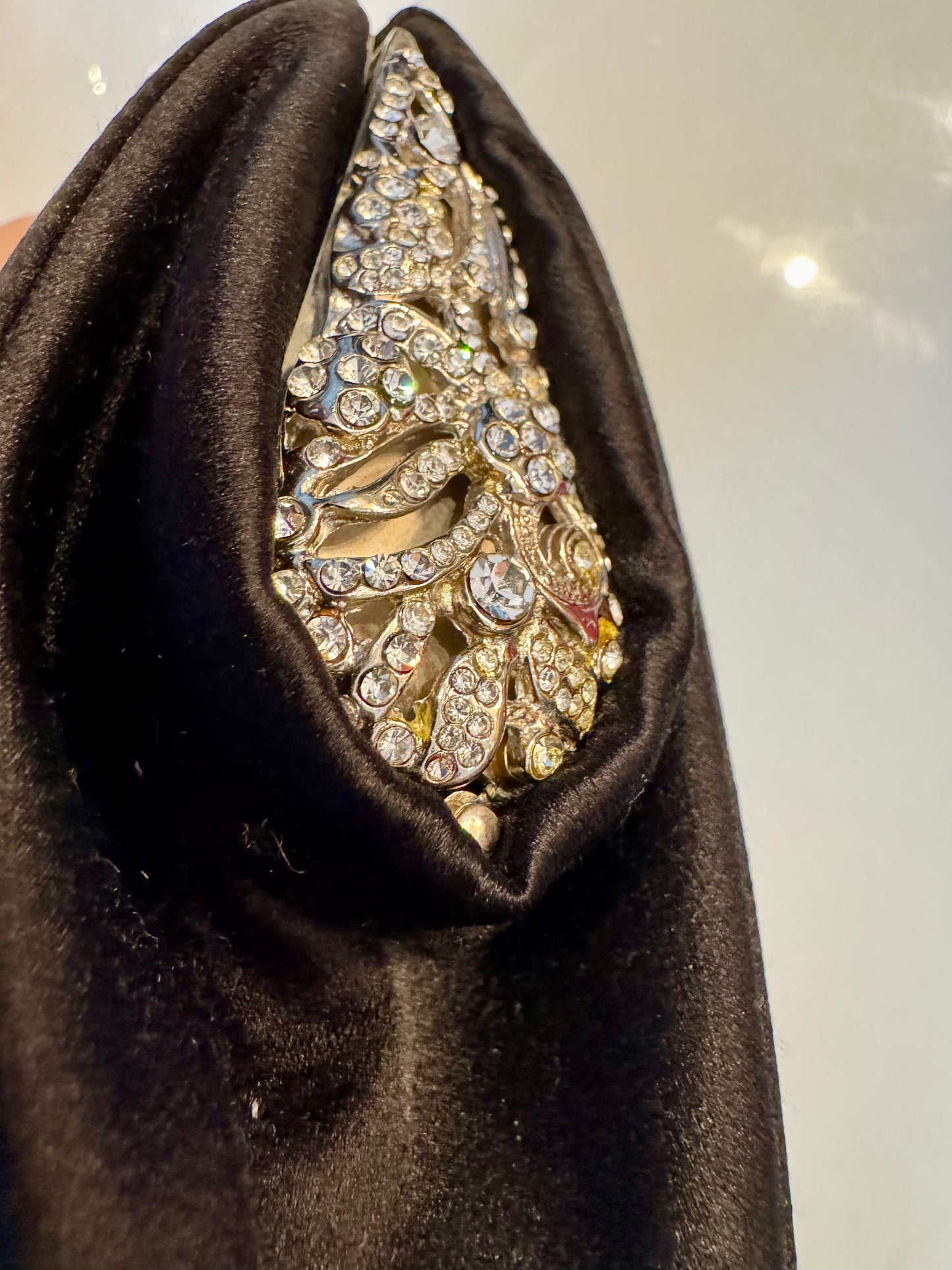 Vintage Escada black satin bag with rhinestones and removable shoulder strap with dust bag. Oscar worthy! see photo for missing stones