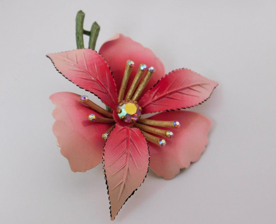 1950s signed LISNER Enameled Flower Brooch, Pink Aurora Borealis Rhinestones