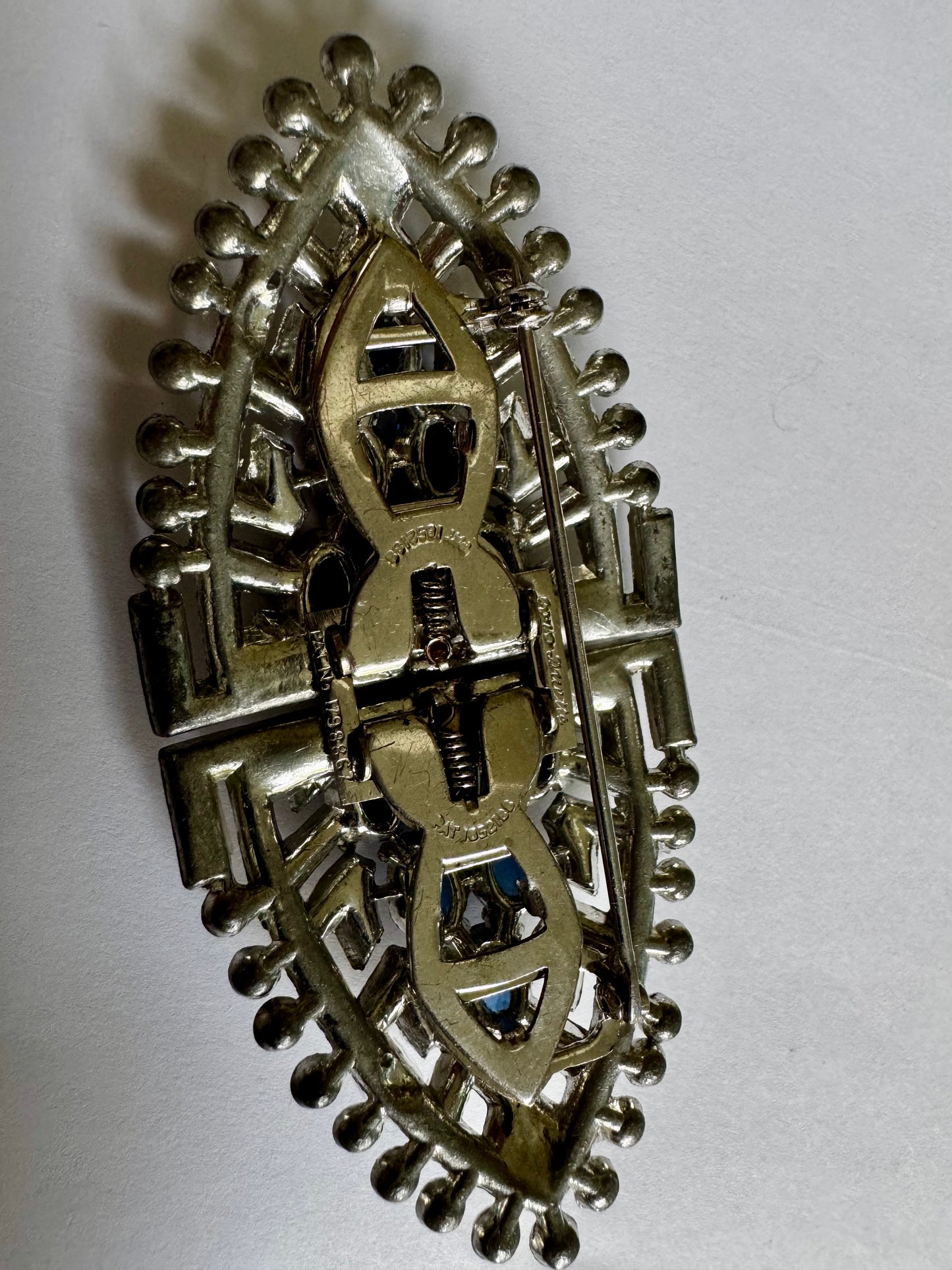 Late 1930s early 1940s signed CORO Duette rhodium plated double dress/fur clip and brooch with pave set sapphire and clear rhinestones