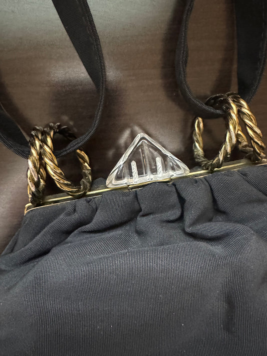 Beautiful and unique 1930s black satin bag with brass handle hooks and LUCITE closure