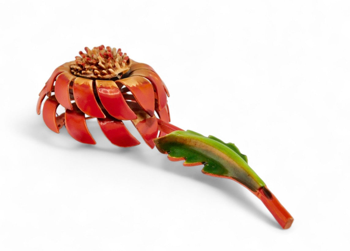 1960s Orange with Burnt Yellow Petals and Center with a Green Leaf