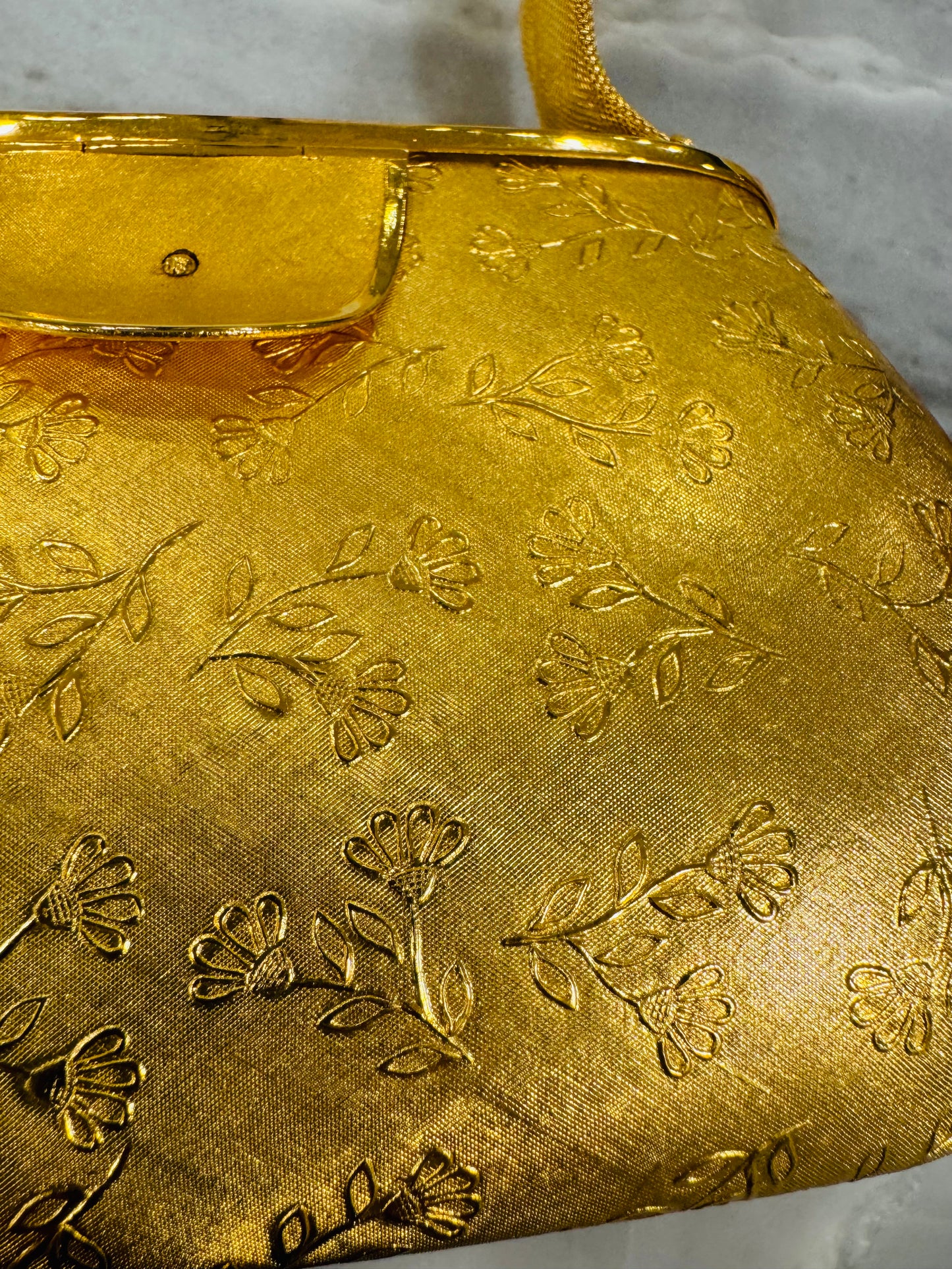 RARE Rosenfeld metal hard shell and brass strap with flower engraving found in pristine condition. Velvet lining. Made in Italy. Precious.