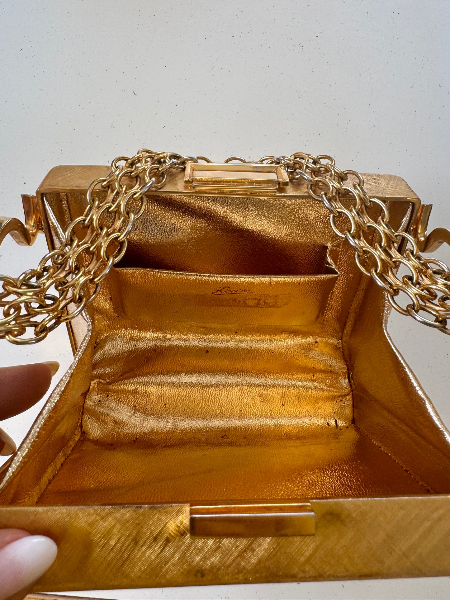 Beautiful 1960s hard top gold tone top handle bag with incredible chain handle