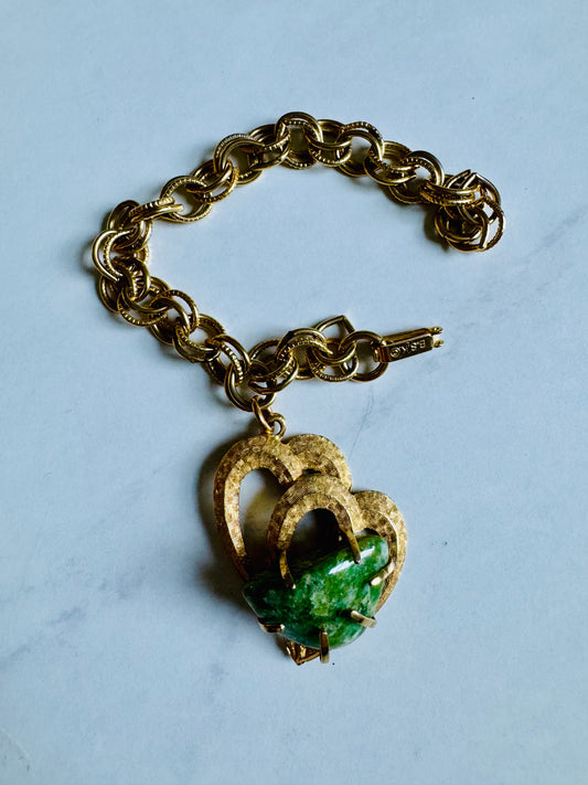 1960s charm bracelet with giant double heart green stone charm