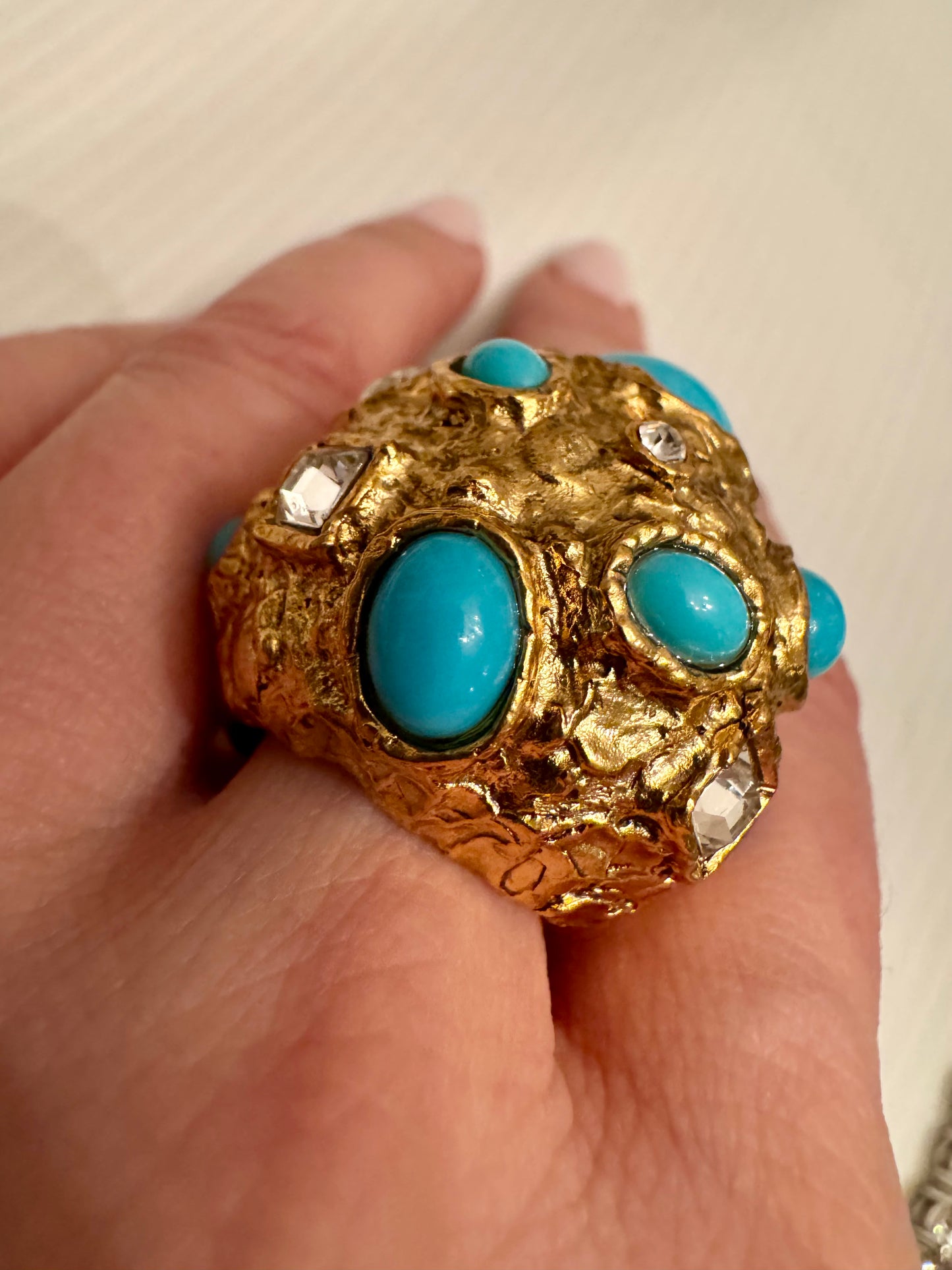 Fabulous jumbo Kenneth Jay lane cocktail ring in gold town with turquoise and rhinestones