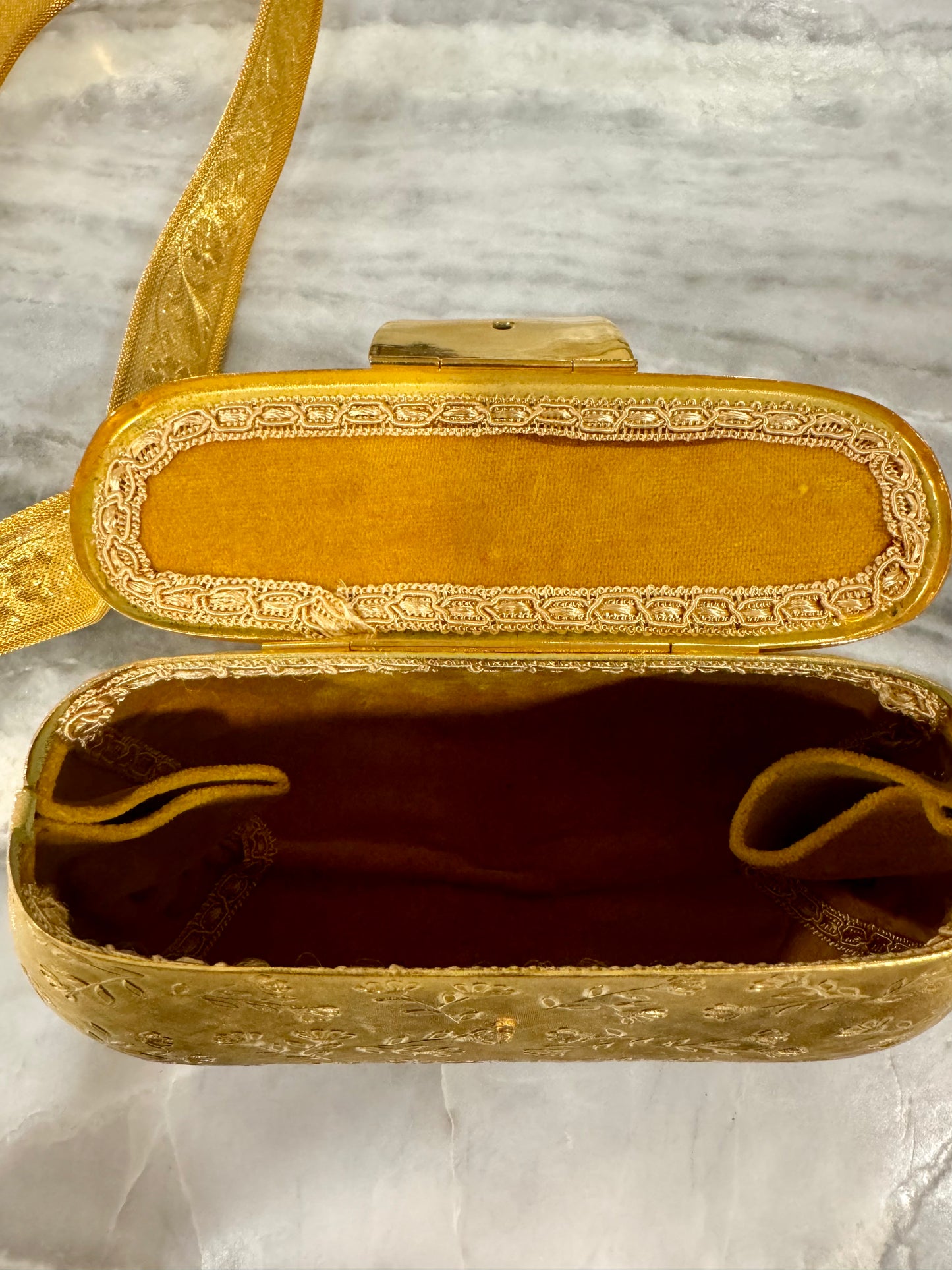 RARE Rosenfeld metal hard shell and brass strap with flower engraving found in pristine condition. Velvet lining. Made in Italy. Precious.