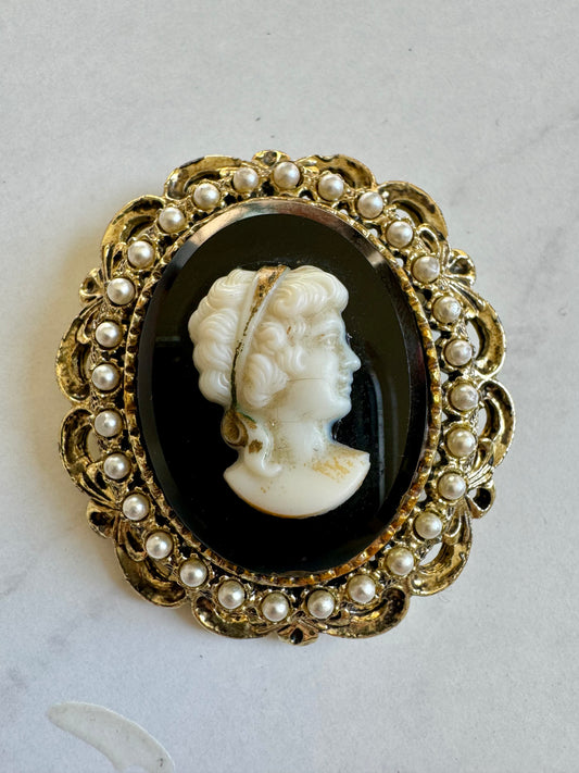 Vintage silver tone and pearl cameo brooch