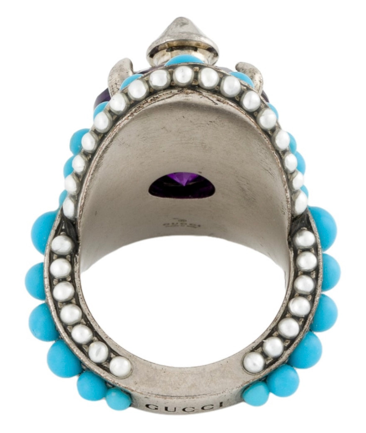 2019 Gucci pearl, resin and crystal ring. Turquoise and amethyst stones on silver plate. Made in Italy.