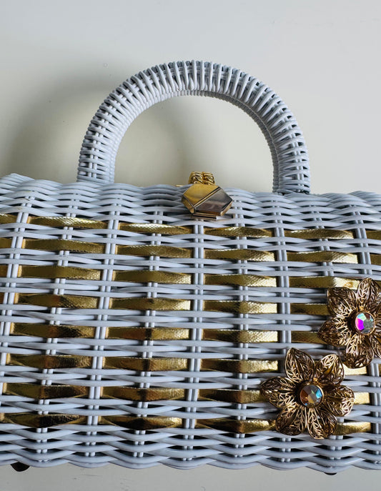 gorgeous 1950s white wicker with gold weave bag, gold and silver tone hardware and vintage flowers with aurora borealis Centerstone