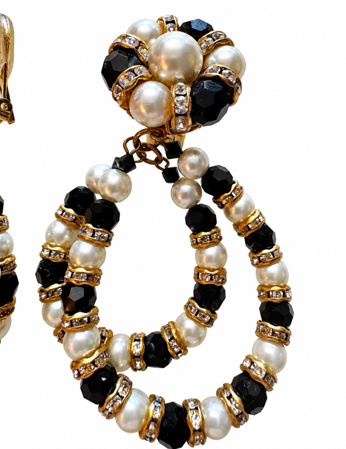 1980s stunning clip on black beaded with pearls and rhinestones dangle earrings