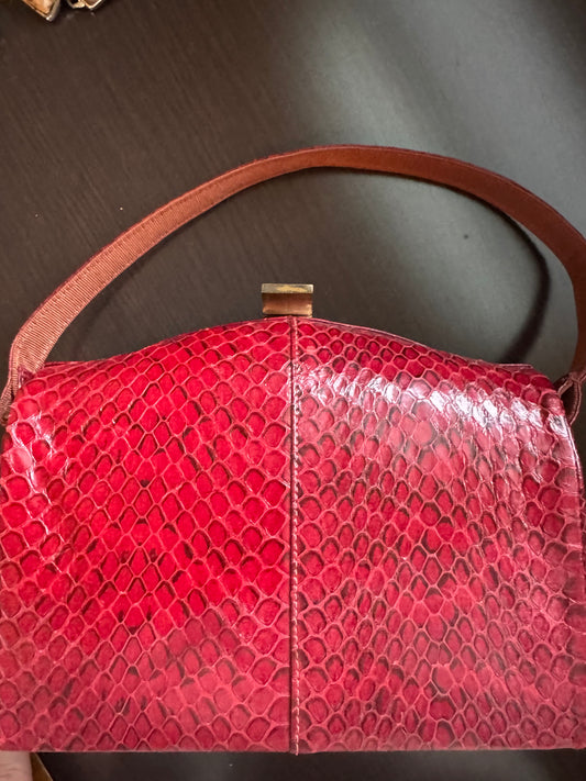 Beautiful 1940s burgundy, snake skin top handle handbag