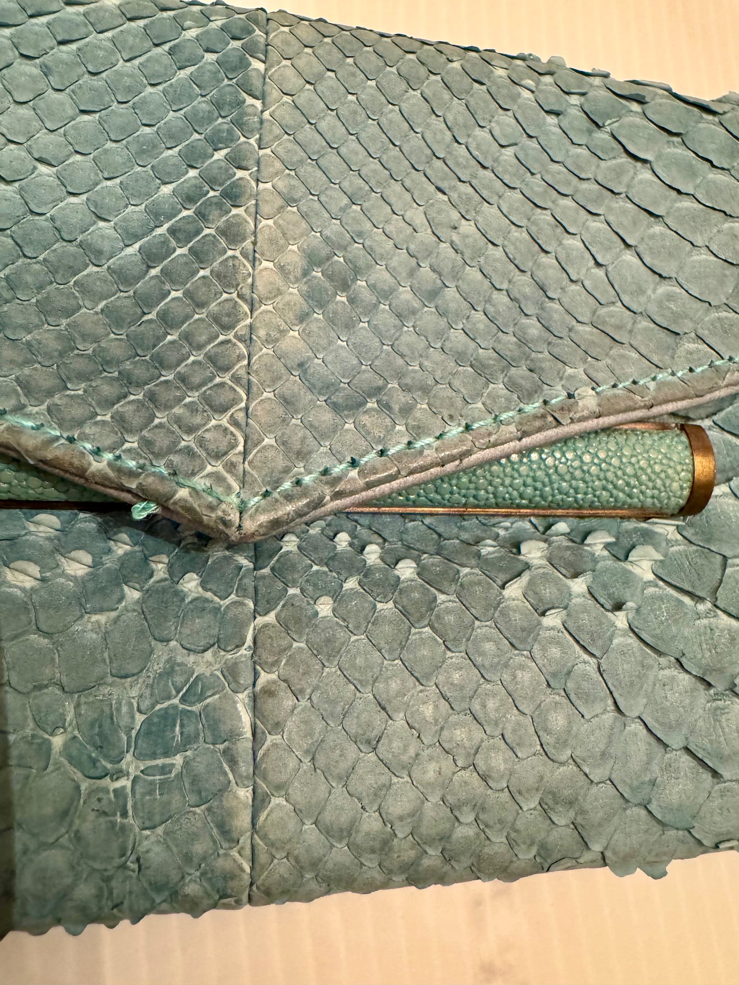 Beautiful light blue vintage, Ray Augusti snakeskin clutch bag with original Henri Bendel $495 price tag attached